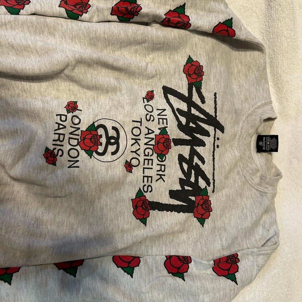 Stussy Gray Crewneck Sweater with Red Accents